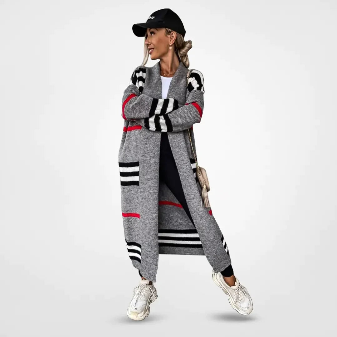 Dames Lang Vest Gestreept met Zakken - Relaxed Fit Cardigan