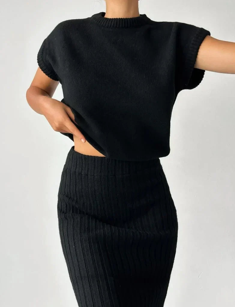 Taffy knit set dames | Gebreide feestset met cardigan en rok in elegante stijl