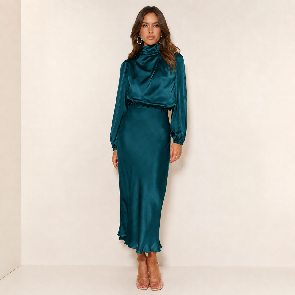Dames Hoge Taille Midi Jurk – Effen, Casual, Geschikt voor Avondkleding