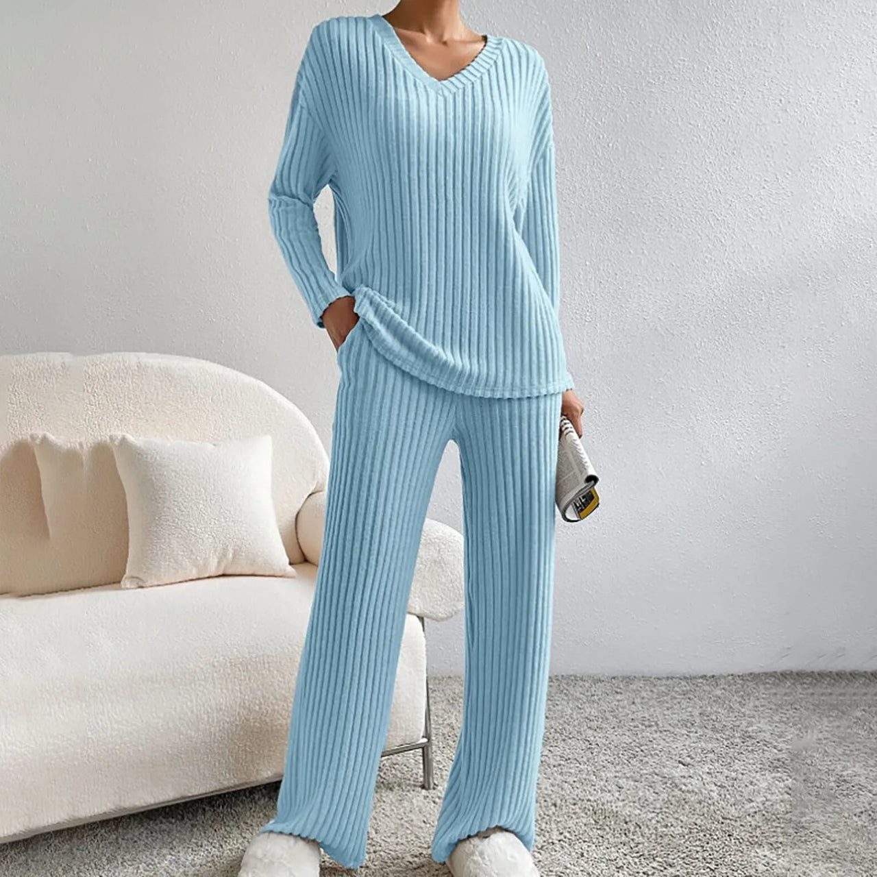 Tricia | Dames gebreide set met V-hals en losse pasvorm