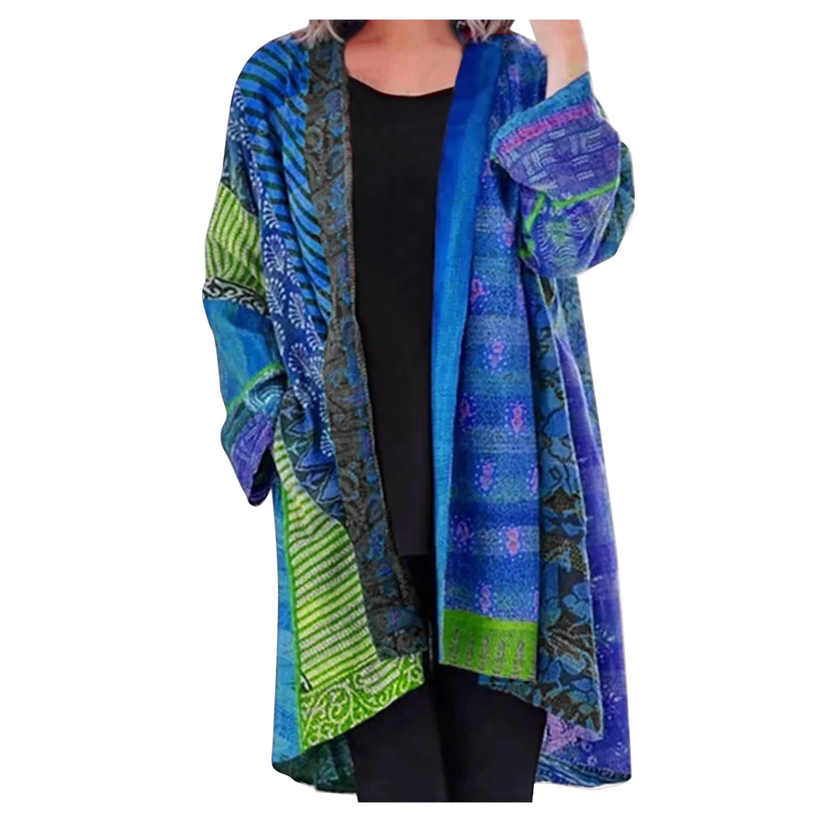 Dames Open Vest Boho Patchwork – Oversized Cardigan met Voorzak