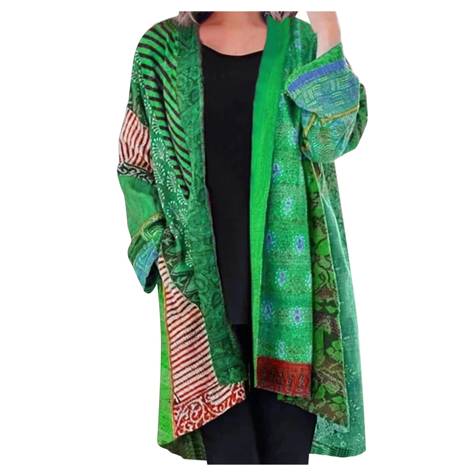 Dames Open Vest Boho Patchwork – Oversized Cardigan met Voorzak