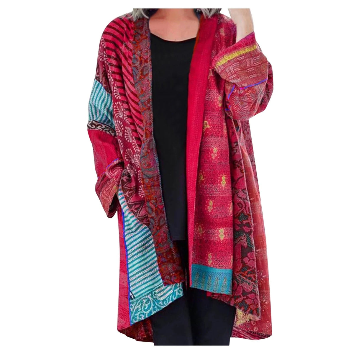 Dames Open Vest Boho Patchwork – Oversized Cardigan met Voorzak