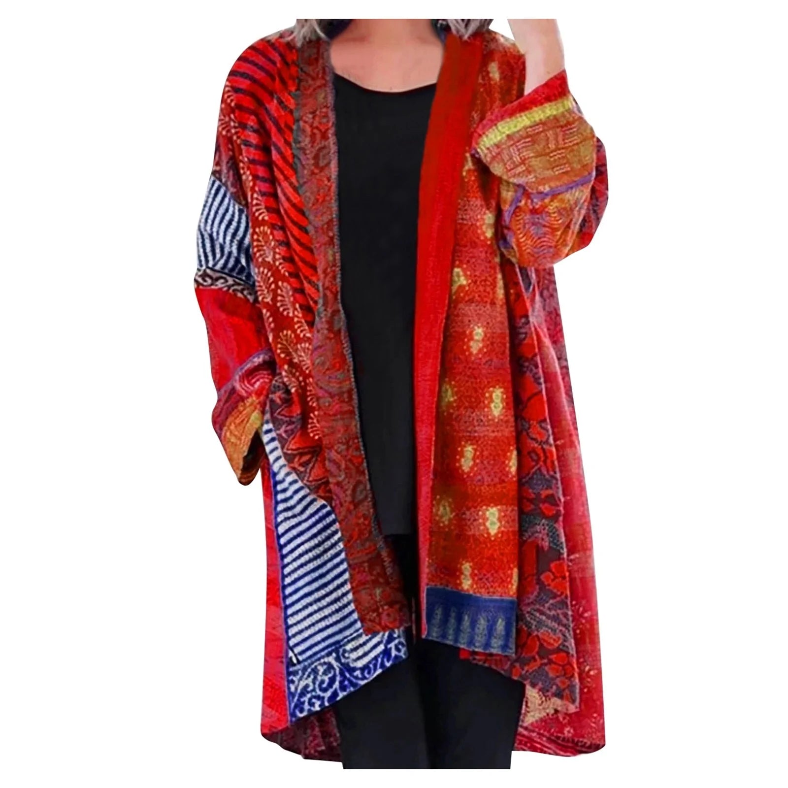 Dames Open Vest Boho Patchwork – Oversized Cardigan met Voorzak