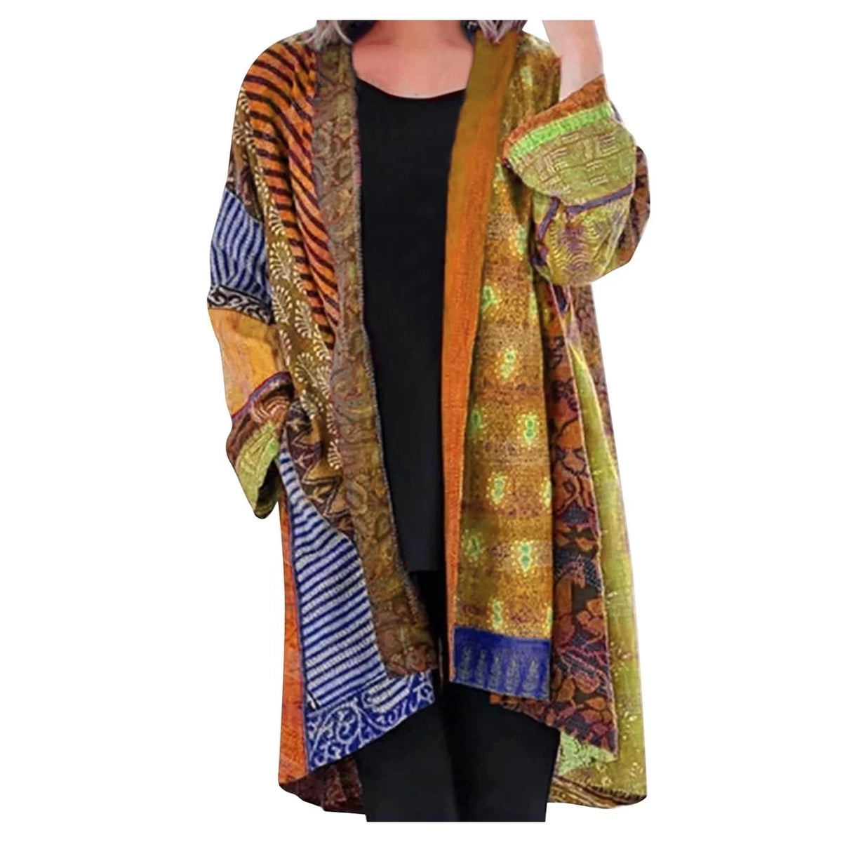 Dames Open Vest Boho Patchwork – Oversized Cardigan met Voorzak