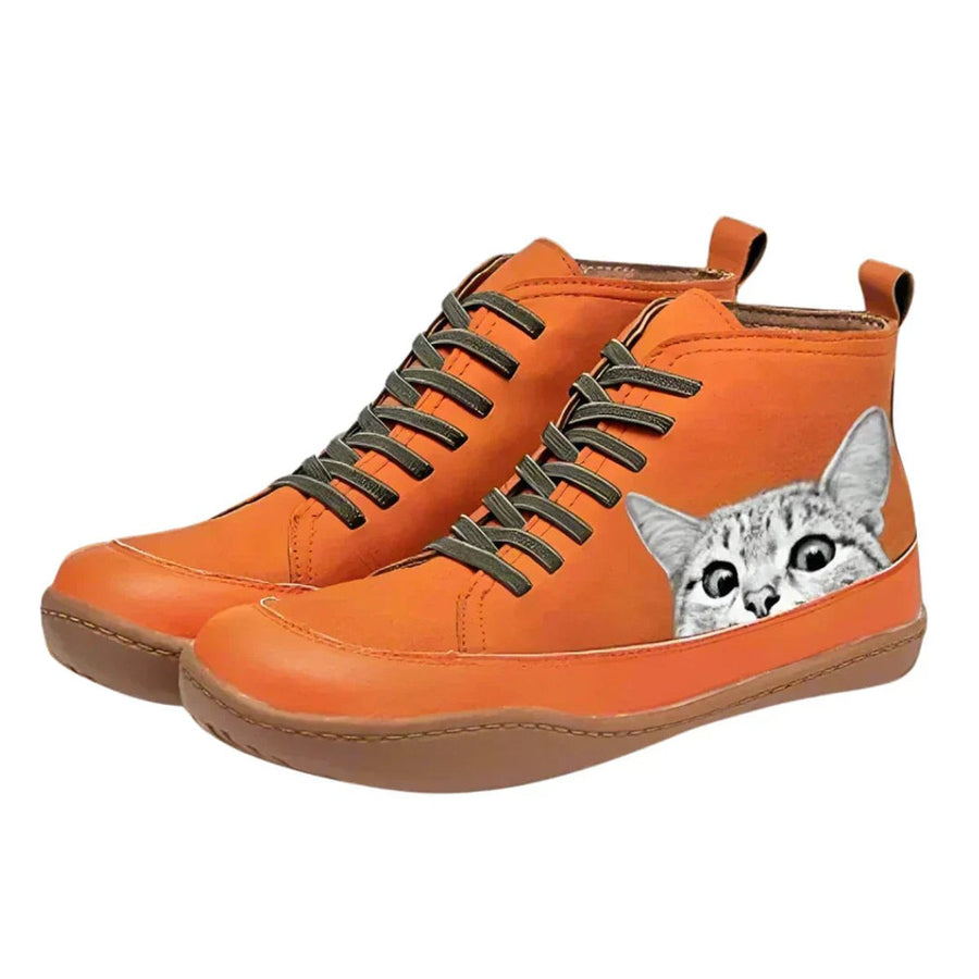 Dames Enkellaarzen met Kattenprint en Veters – Vegan Leer