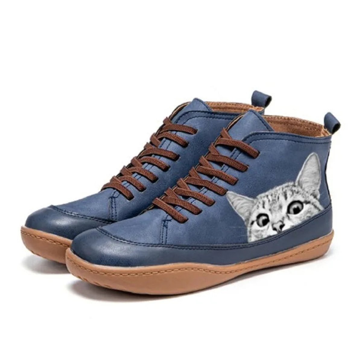 Dames Enkellaarzen met Kattenprint en Veters – Vegan Leer