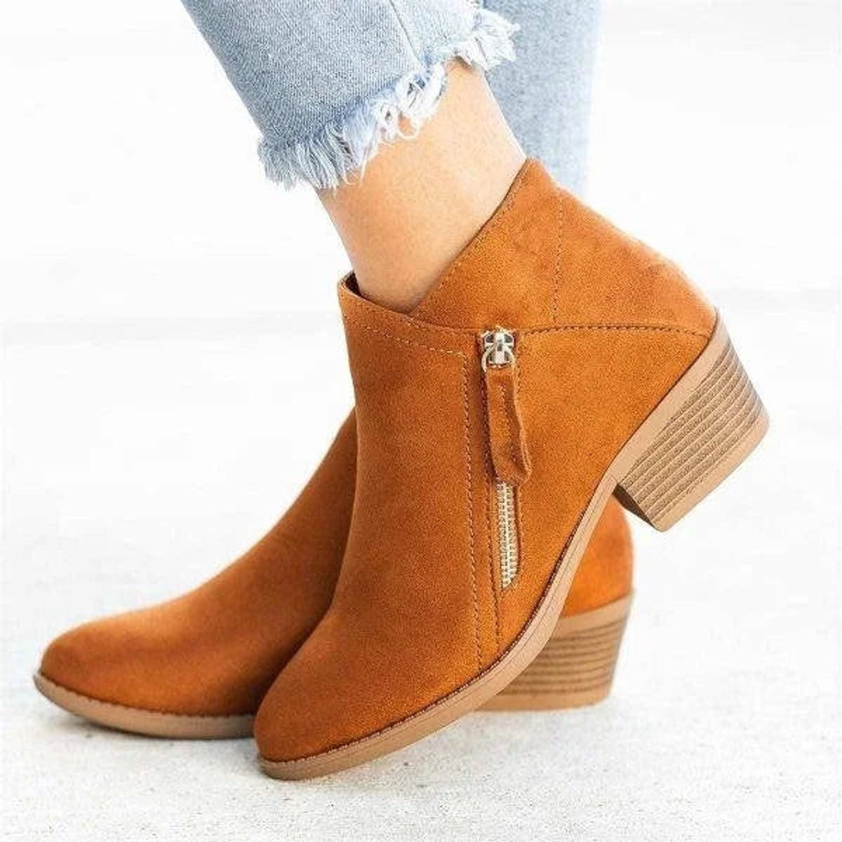 Dames Enkellaarsjes Suède-Look met Blokhak en Zijrits