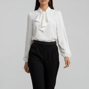 Dames Relaxed-Fit Blouse – Met Strik, Lange Mouwen, Geschikt voor Werk en Dagelijks Gebruik