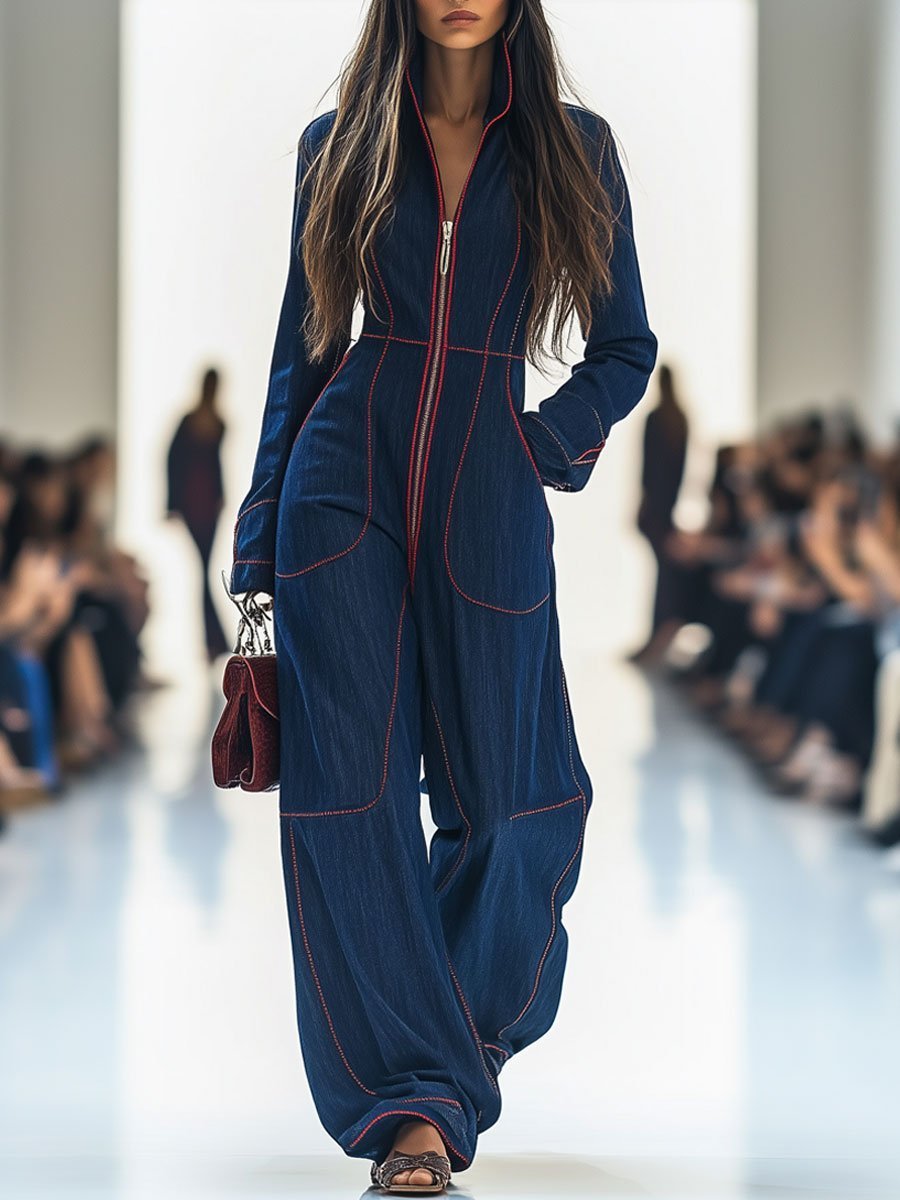 Dames Slim Fit Jumpsuit – Met Rits, Geschikt voor Casual en Werk, Lange Mouwen, Brede Pijpen