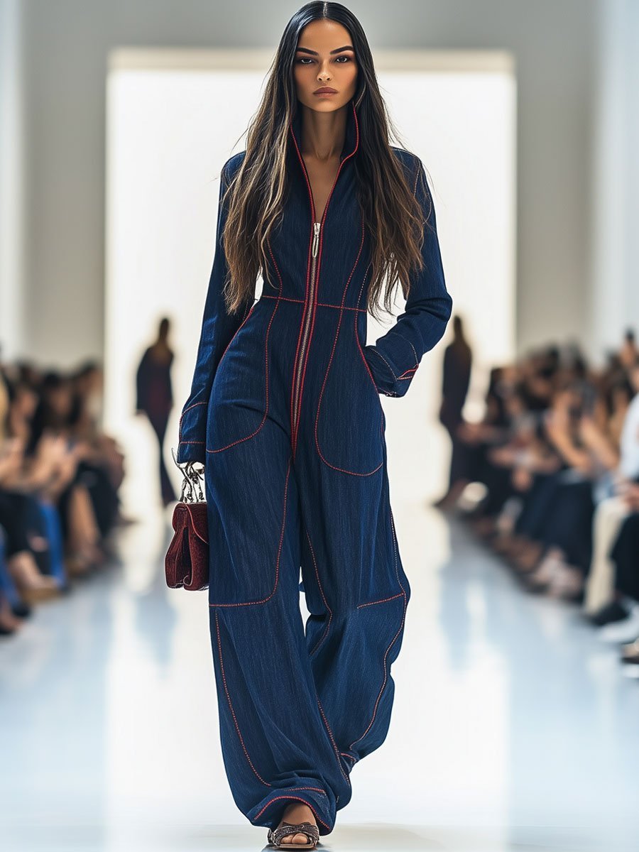 Dames Slim Fit Jumpsuit – Met Rits, Geschikt voor Casual en Werk, Lange Mouwen, Brede Pijpen