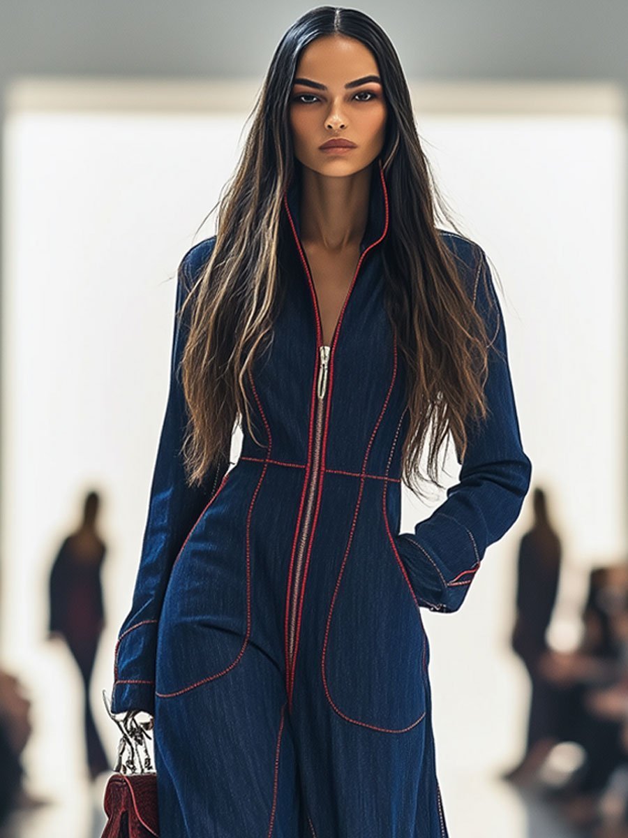 Dames Slim Fit Jumpsuit – Met Rits, Geschikt voor Casual en Werk, Lange Mouwen, Brede Pijpen
