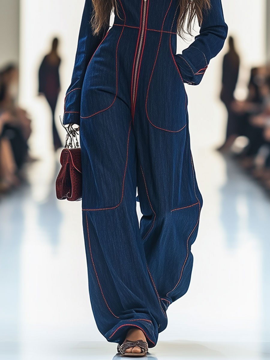 Dames Slim Fit Jumpsuit – Met Rits, Geschikt voor Casual en Werk, Lange Mouwen, Brede Pijpen