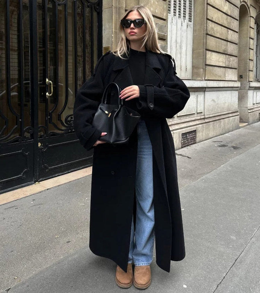 Dames Trenchcoat Lang Model Winterjas met Ceintuur en Dubbele Knopenrij
