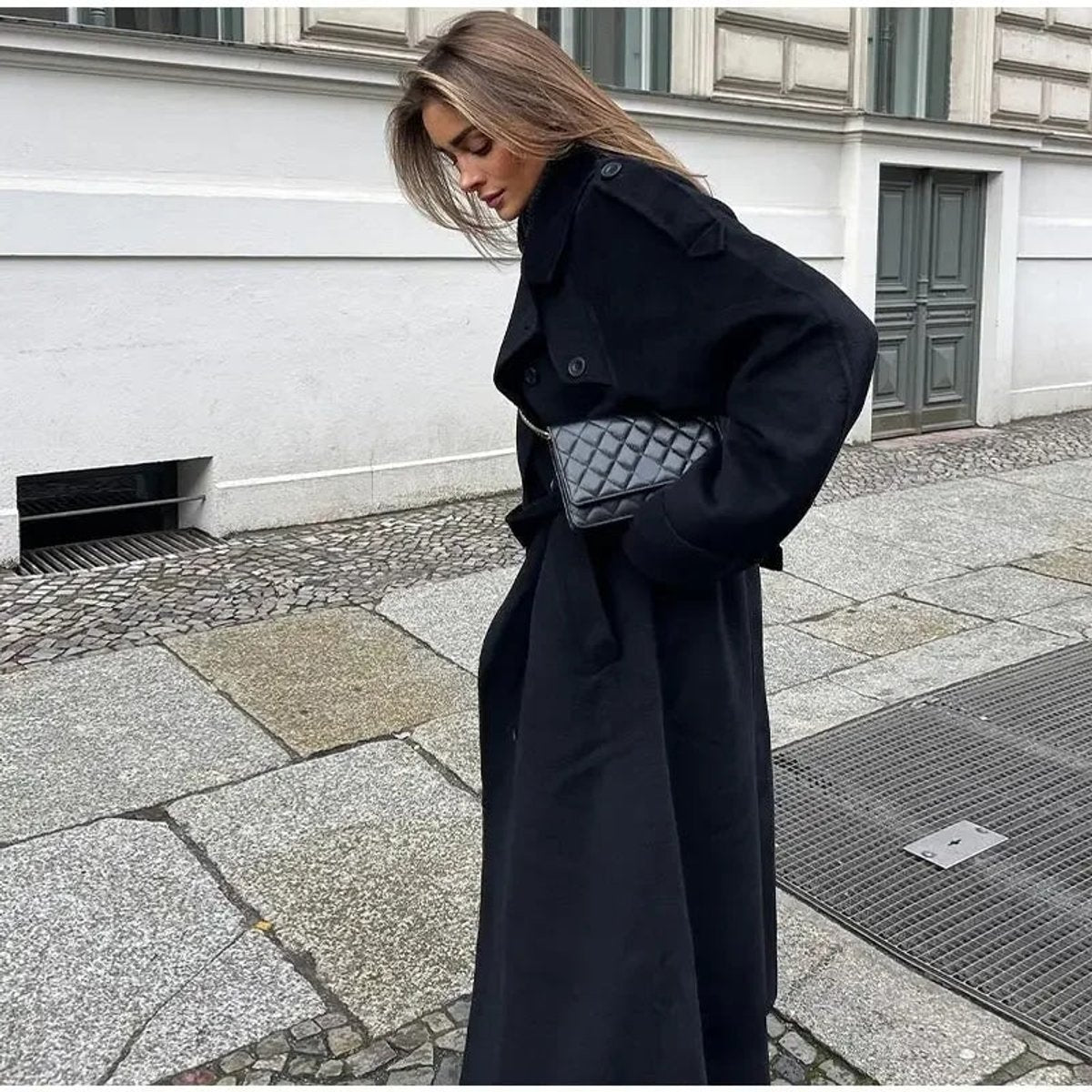 Dames Trenchcoat Lang Model Winterjas met Ceintuur en Dubbele Knopenrij