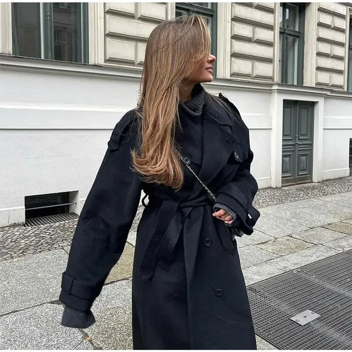 Dames Trenchcoat Lang Model Winterjas met Ceintuur en Dubbele Knopenrij