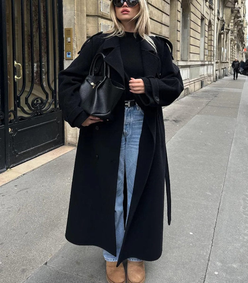 Dames Trenchcoat Lang Model Winterjas met Ceintuur en Dubbele Knopenrij