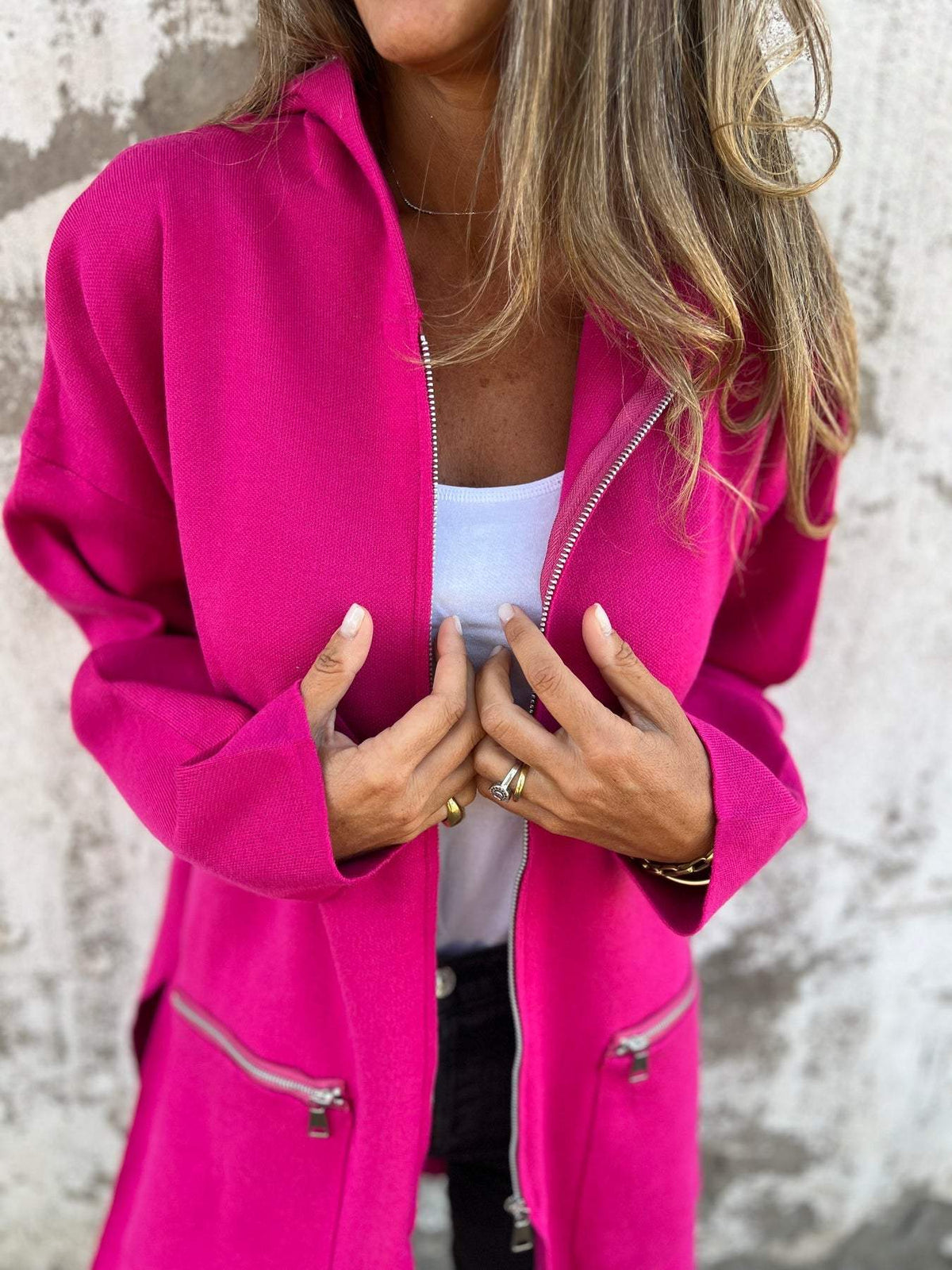 Dames Tricot Vest Longline met Capuchon en Ritszakken