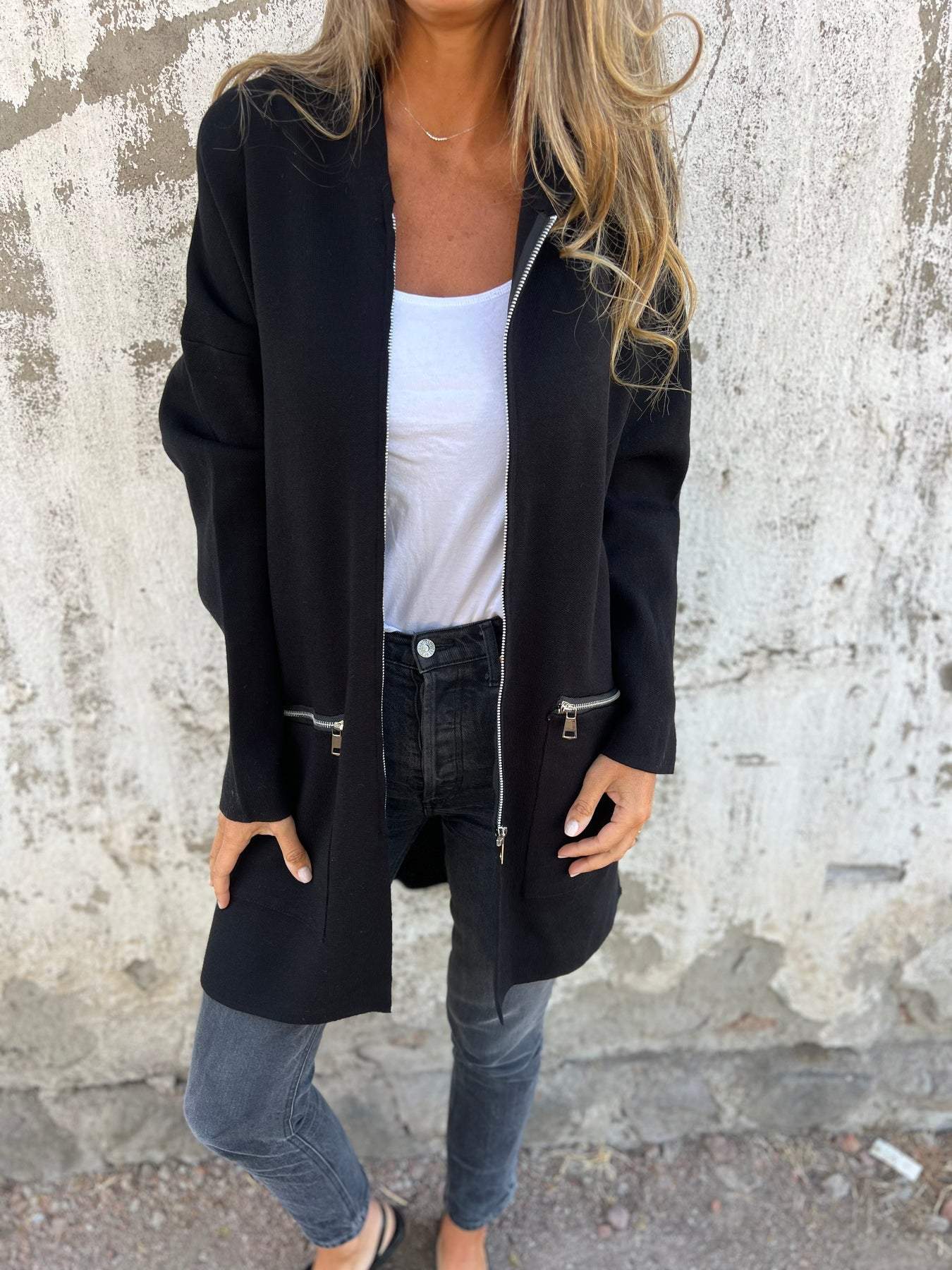 Dames Tricot Vest Longline met Capuchon en Ritszakken