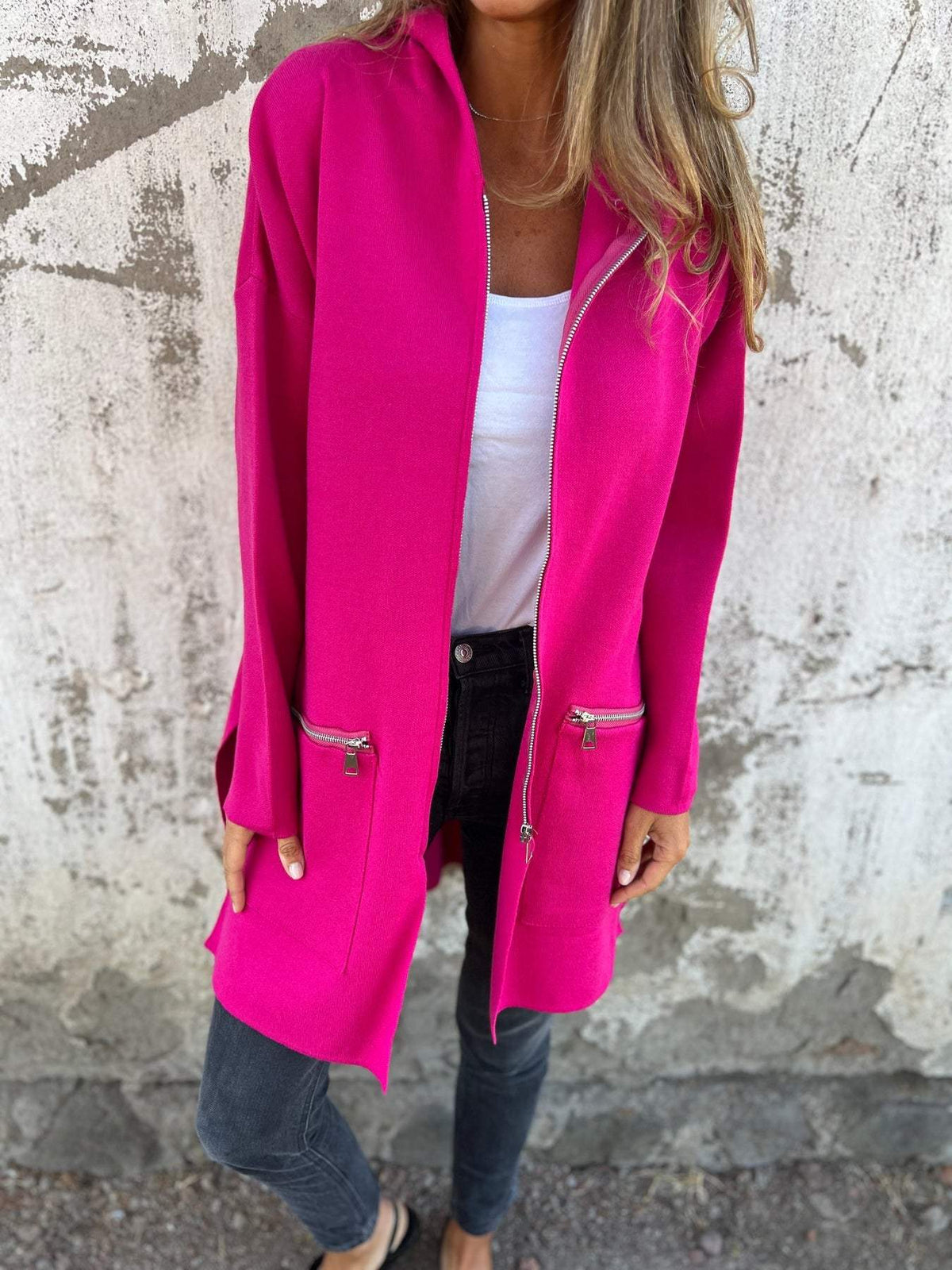 Dames Tricot Vest Longline met Capuchon en Ritszakken