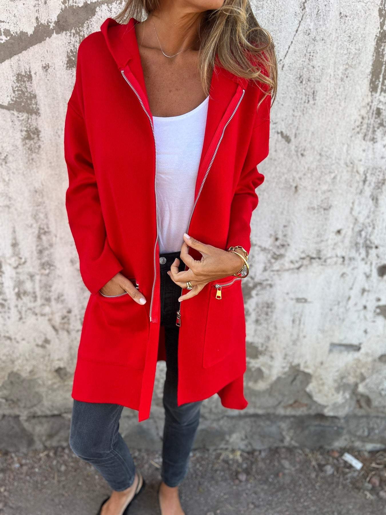 Dames Tricot Vest Longline met Capuchon en Ritszakken