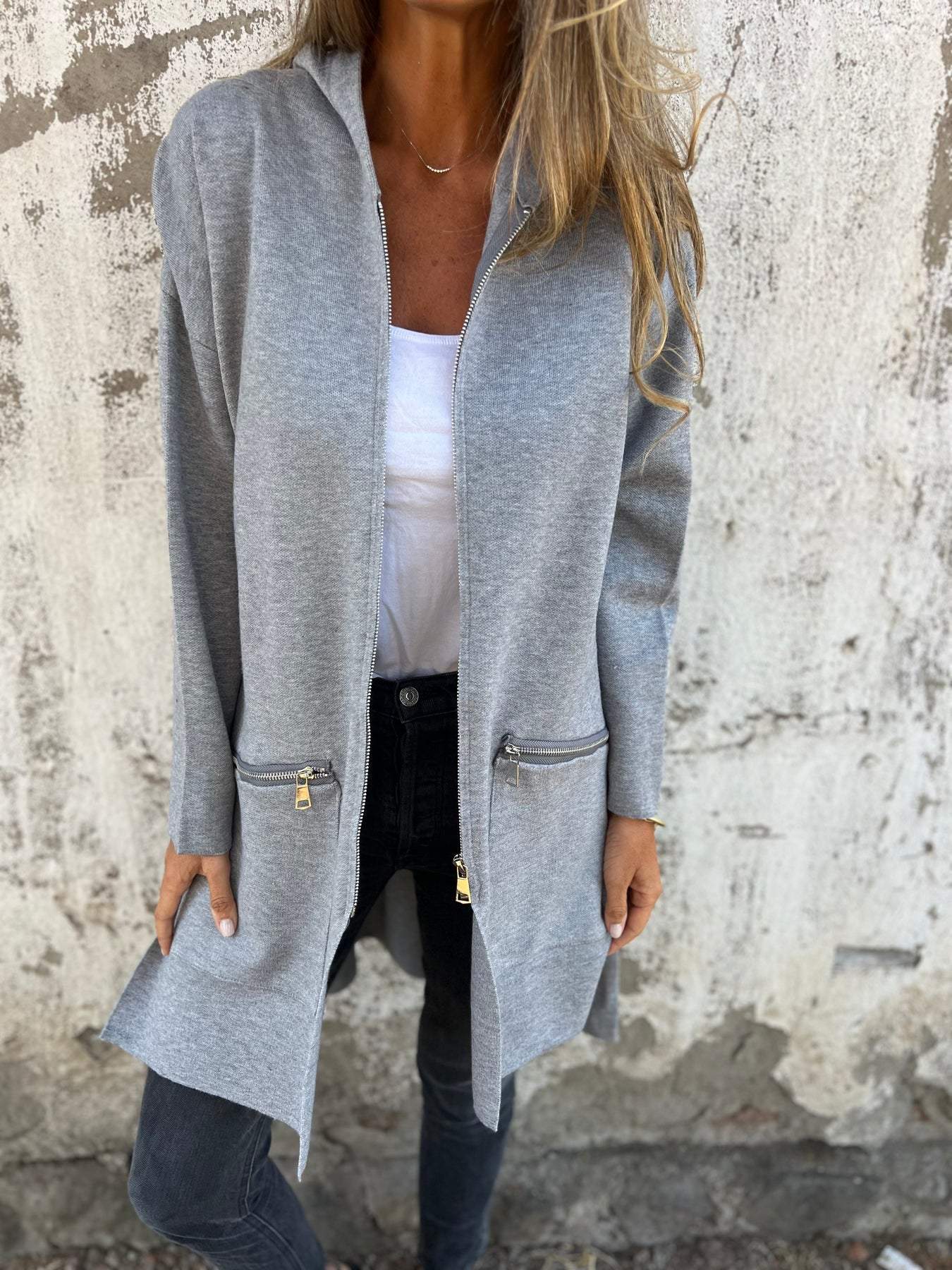 Dames Tricot Vest Longline met Capuchon en Ritszakken