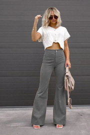 Zariam - Casual Grijze Hoge Taille Uitlopende Broek Met Verstelbare Tailleband Voor Vrouwen