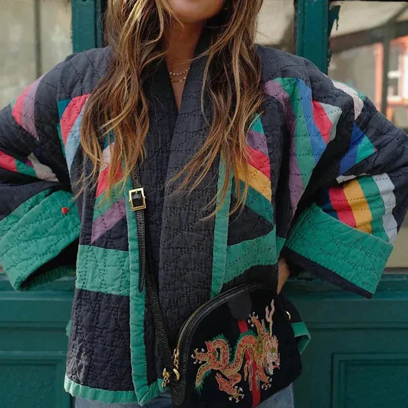 Zeline retro gewatteerde jas dames | Oversized patchwork jas met unieke stijl