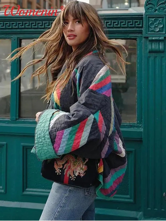 Zeline retro gewatteerde jas dames | Oversized patchwork jas met unieke stijl