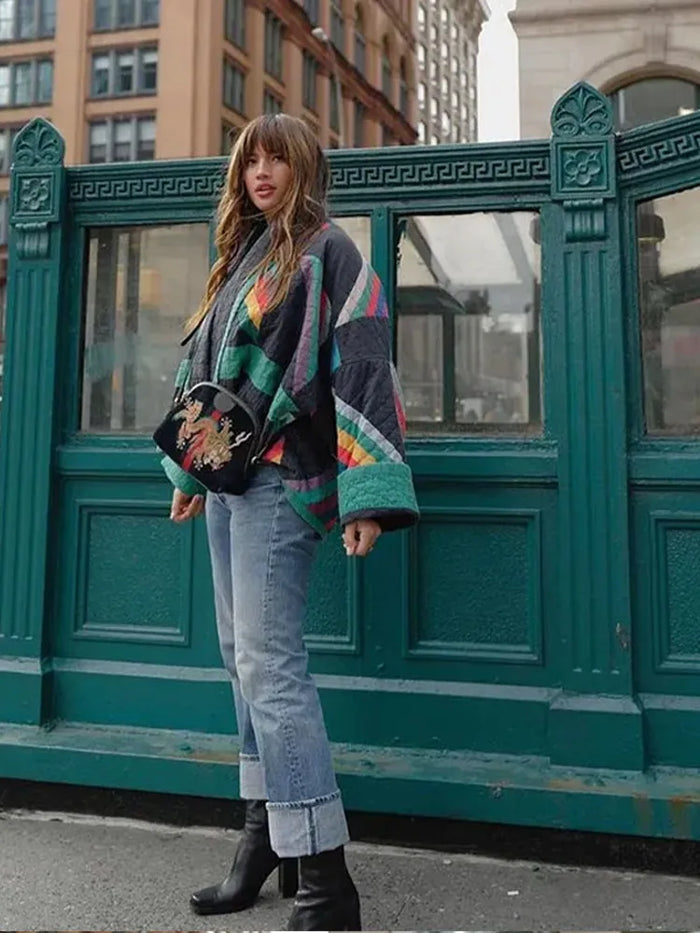 Zeline retro gewatteerde jas dames | Oversized patchwork jas met unieke stijl