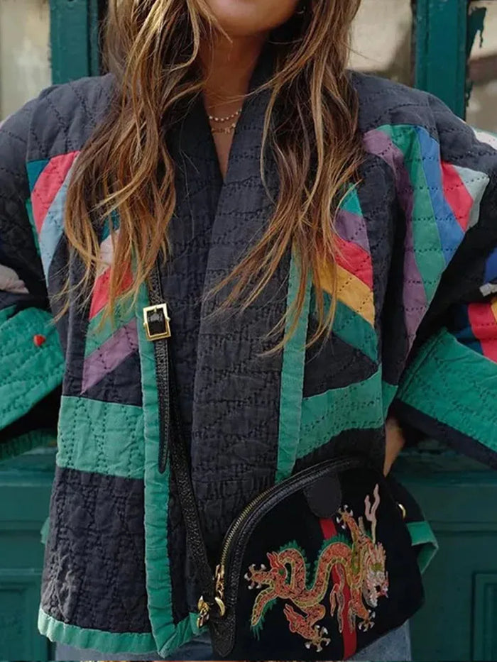 Zeline retro gewatteerde jas dames | Oversized patchwork jas met unieke stijl